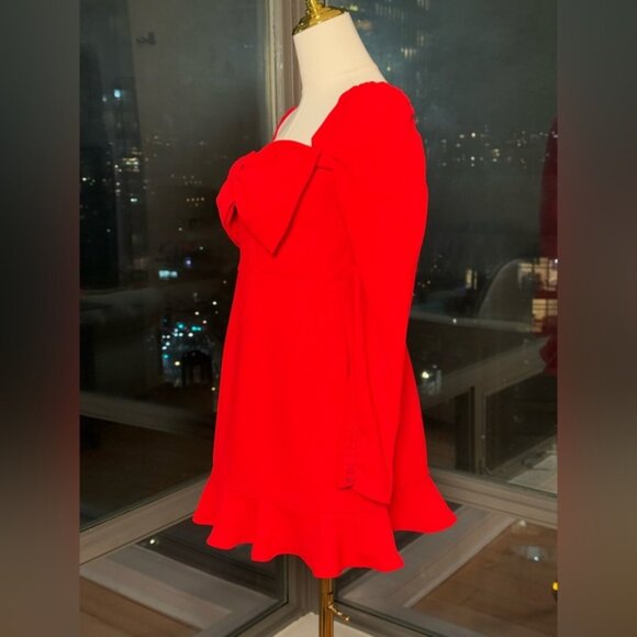🆕 SELF-PORTRAIT 🧿 NWOT Red Crepe Bow Long Sleeve Mini Dress, Sz UK 14 US 10 - Picture 6 of 15